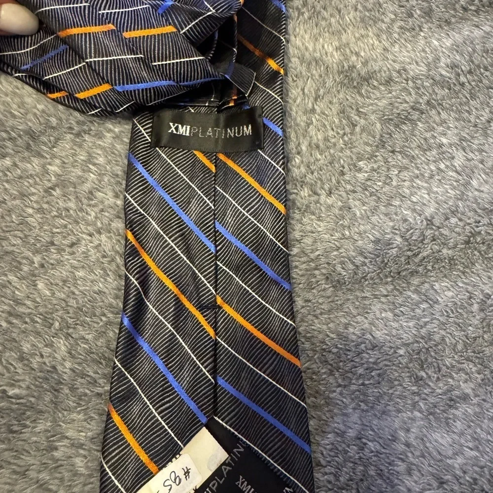 XMI Platinum 100% Silk Striped Black Tie with Orange and Blue Accents - Picture 3 of 4